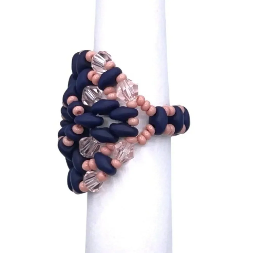 Navy Blue and Light Pink Crystal Beaded Statement Ring Size 5.5